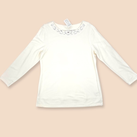 Susan Graver Fleece-Back Knit Top Size M Ivory Rhinestone Embellished Tunic NEW - Picture 10 of 11